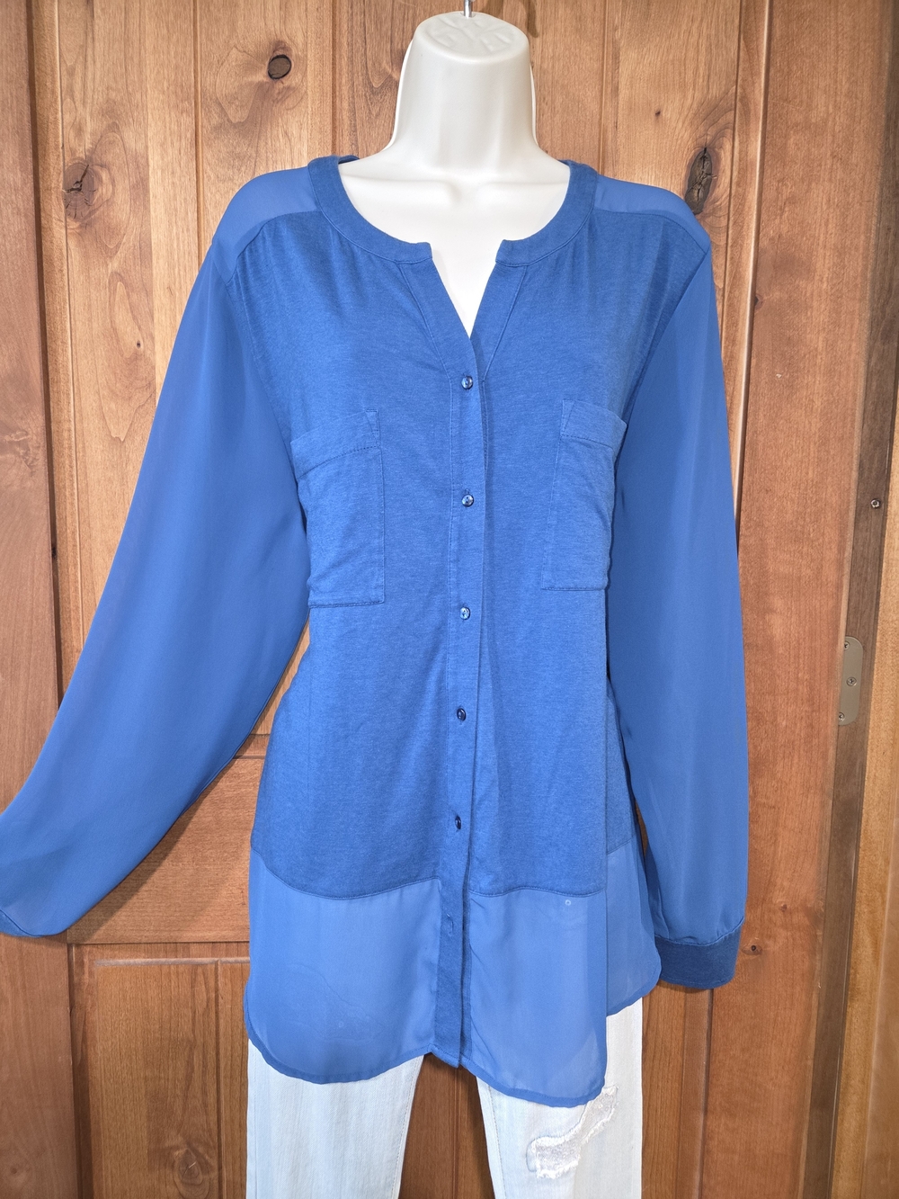 Ann Taylor **FLAWED** Two-Tone Blue Button-Front Long Sleeve Blouse